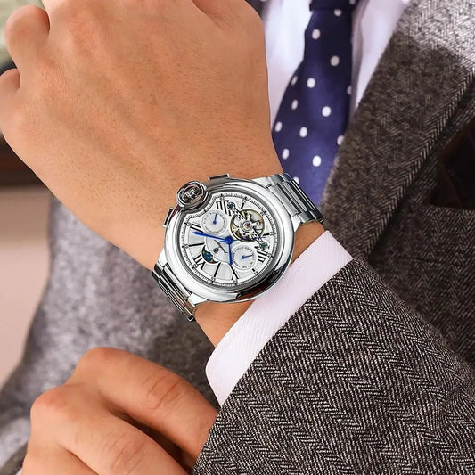 Montre pour homme POEDAGAR, style luxe et professionnel, avec affichage de la date et du jour, tourbillon, boîtier en acier inoxydable, mouvement mécanique automatique et étanchéité.