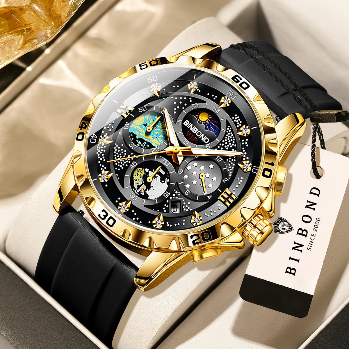 Montres à quartz de luxe BINBOND pour hommes, lumineuses, étanches, chronographe avec date automatique, style business, sport et mode décontractée