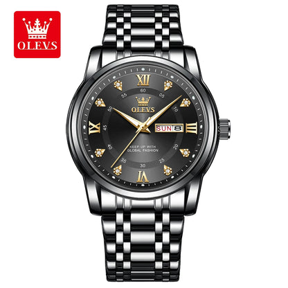 Montre à quartz pour homme OLEVS 5513 – Bracelet en acier, étanche, affichage lumineux, calendrier et jour de la semaine – Montre élégante et luxueuse, modèle original pour homme
