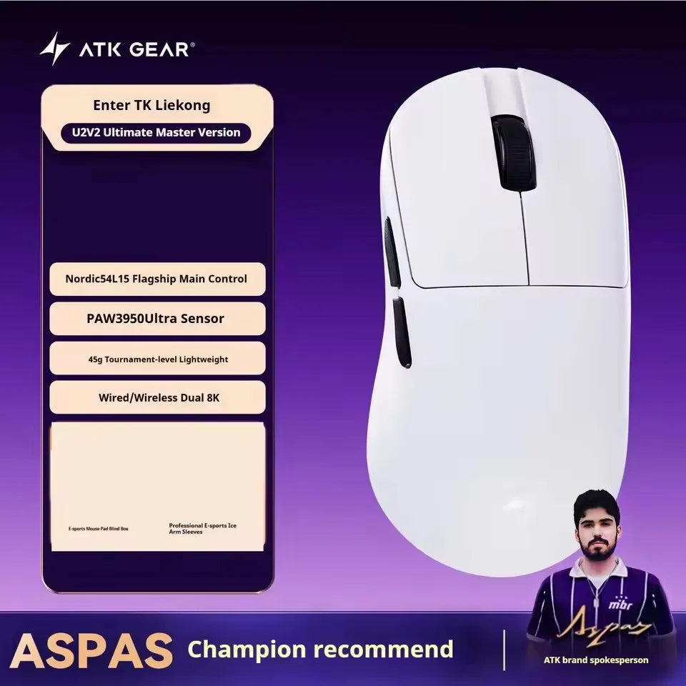 NEW ATK U2 V2 Mini Ultimate Wireless Gaming Mouse Tri-model Lightweight PAW3950Ultra 8KHz 500mAh Custom Ergonomic E-sports Mouse