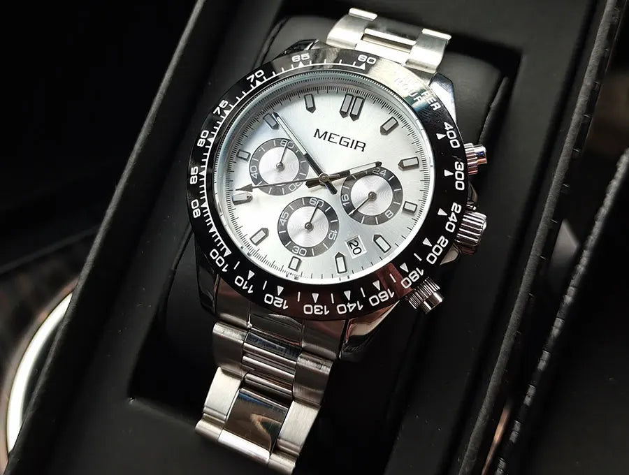 MEGIR Herrenuhr, Luxusmarke, Quarz-Sportuhr, Edelstahlarmband, wasserdicht, Chronograph, Armbanduhr
