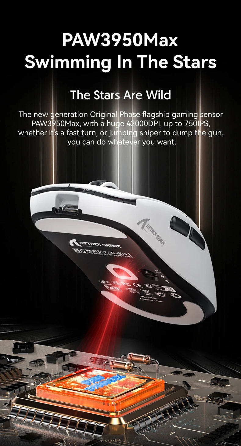 ATTACK SHARK R6 PAW3950MAX bežični gaming miš, 8Khz frekvencija ispitivanja, ultralagani 39g, Nordic 52840 MCU, Omron optički mikroprekidači