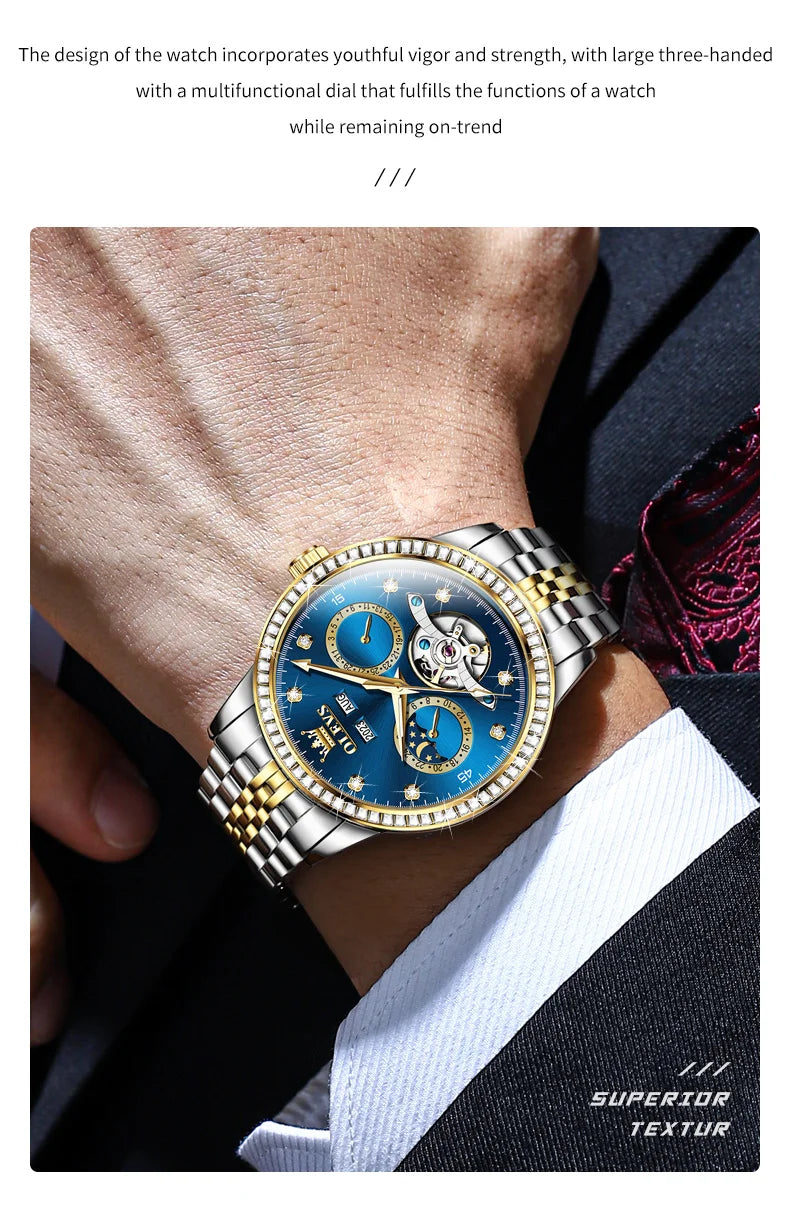 OLEVS 7016 Automatic Man Watch Stainless Steel Diamond Bezel Skeleton Flywheel Moon Phase Luminous Waterproof Mechanical Watches