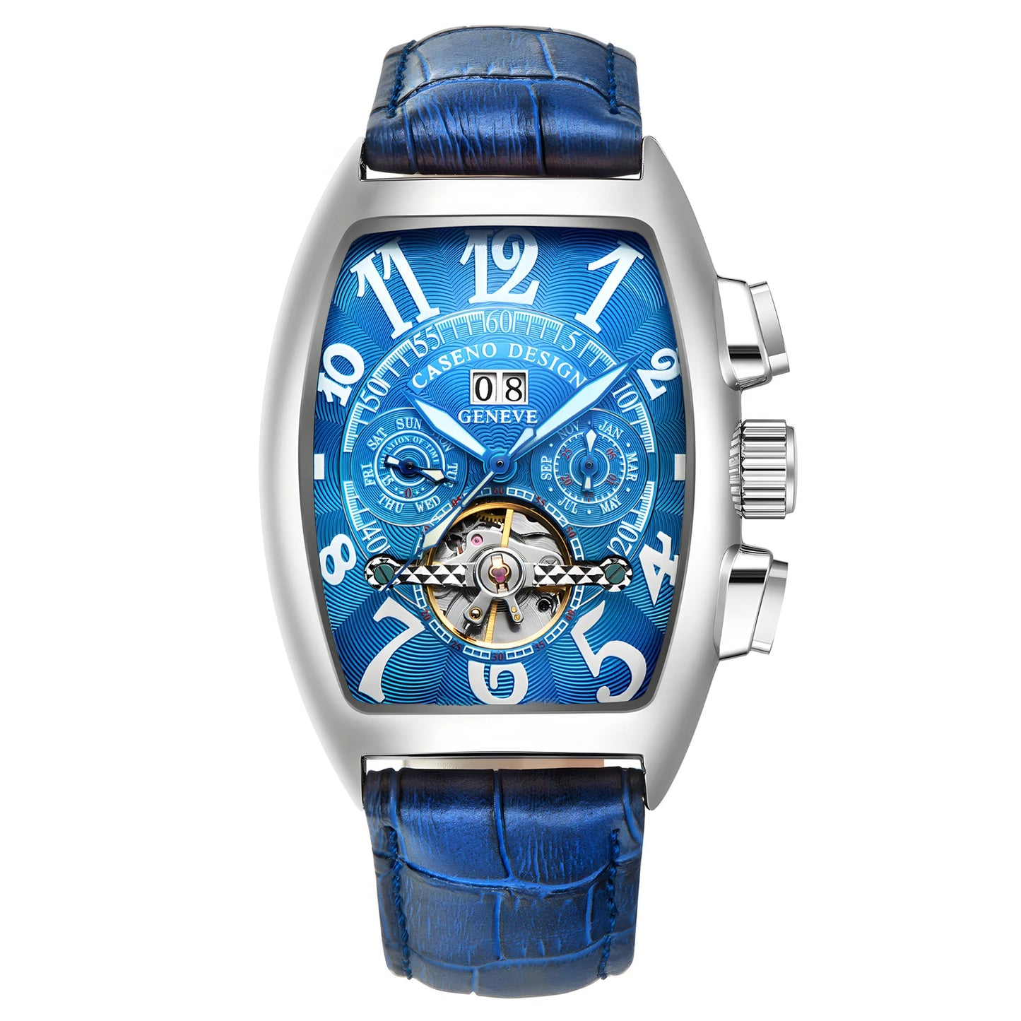 CASENO Top Luxury Brand Men's Fully Automatic Mechanical Tourbillon Watch Calendar Night Glow Tonneau Skeleton Watch -577G