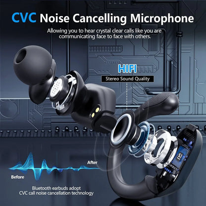 Bluetooth 5.3 Earphones True Wireless Headphones – Bluetooth 5.3 Earphones with Mic, Sports Earhooks, Noise Reduction, Waterproof TWS Bluetooth 5.3 Earphones for Running, Gym & Outdoor Use