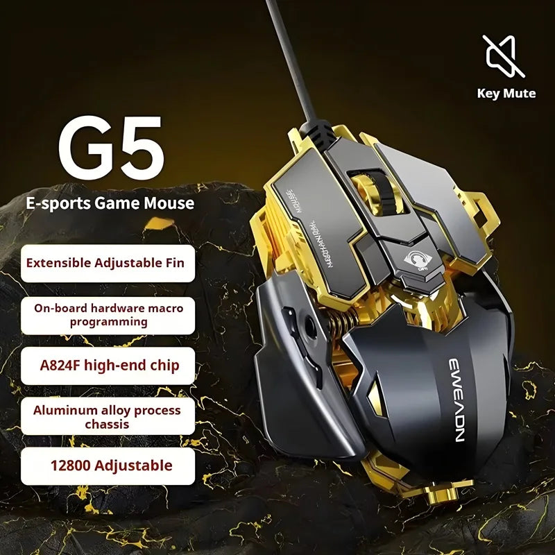 G5 Mechanical E-sports Wired Mouse, RGB 9 Button Macro Programming Gaming Mute Mouse, 12800 DPI for Desktop Computer Laptop