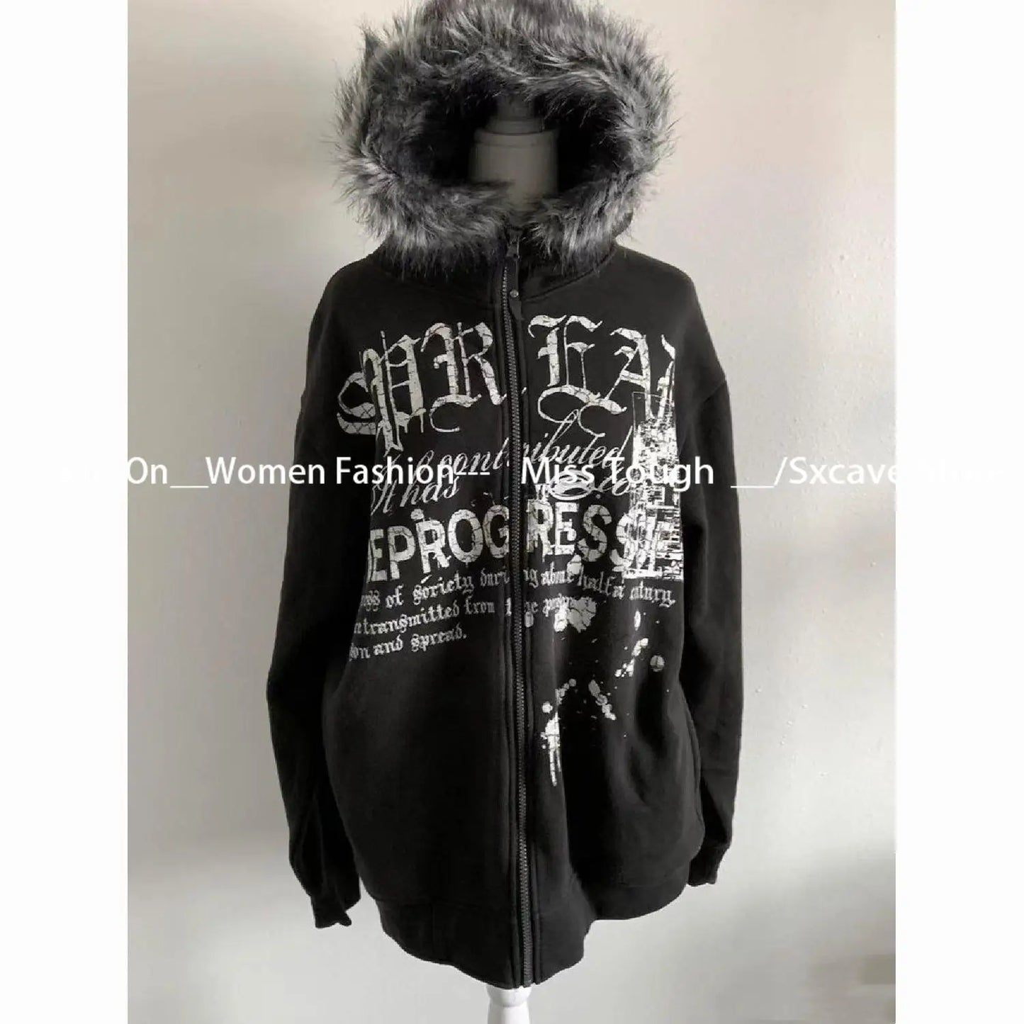 American Vintage Black Faux Fur Sweatshirts Women Letter Printed Subculture Coats with Hooded Female Gothic Harajuku Jackets Y2k
