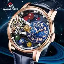 HANBORO Rose Gold Starry Sky Hollow Flywheel Moon Phase Automatic Mechanical Watch Luxury Space Theme Sports Watch 980