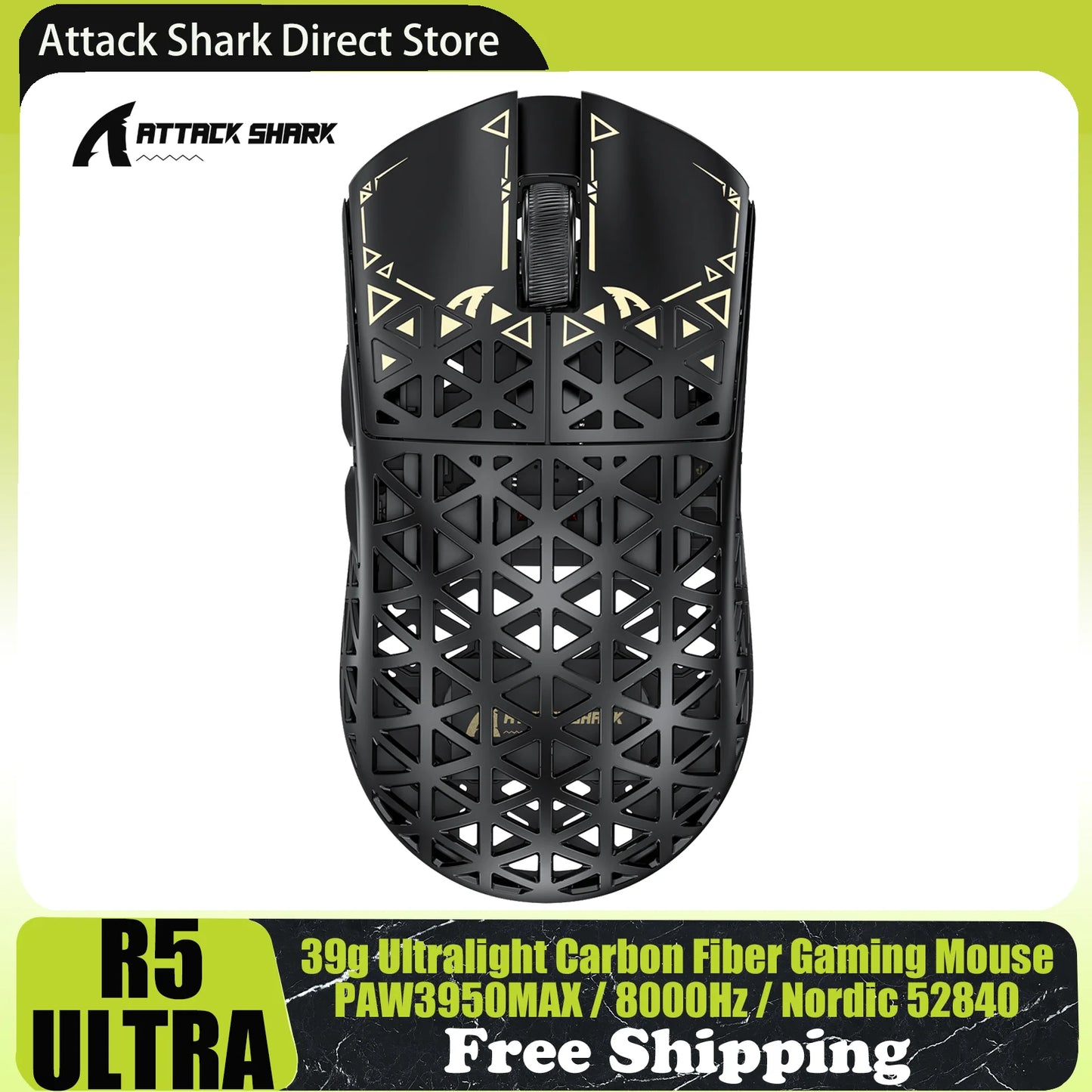 Bezdrátová herní myš ATTACK SHARK R5 Ultra Carbon Fiber, herní senzor PixArt PAW3950MAX, 42000DPI, 8000Hz, MCU Nordic 52840