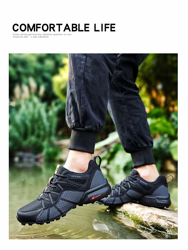 Męskie buty trekkingowe — terenowe buty sportowe outdoor, oddychająca siateczka, antypoślizgowe i odporne na zużycie, do wędrówek i jazdy na rowerze na zewnątrz