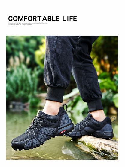 Męskie buty trekkingowe — terenowe buty sportowe outdoor, oddychająca siateczka, antypoślizgowe i odporne na zużycie, do wędrówek i jazdy na rowerze na zewnątrz