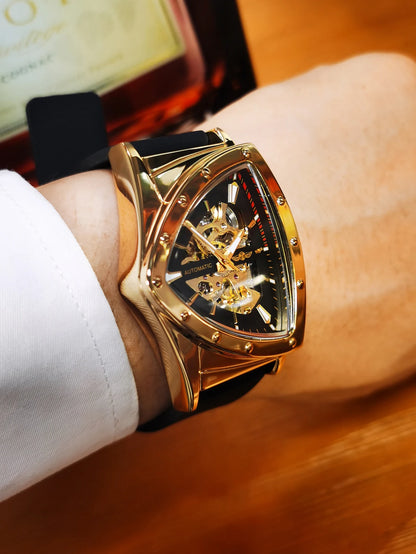 Montre automatique pour homme WINNER, design squelette triangulaire, aiguilles luminescentes, bracelet en caoutchouc, style militaire, montre mécanique de luxe