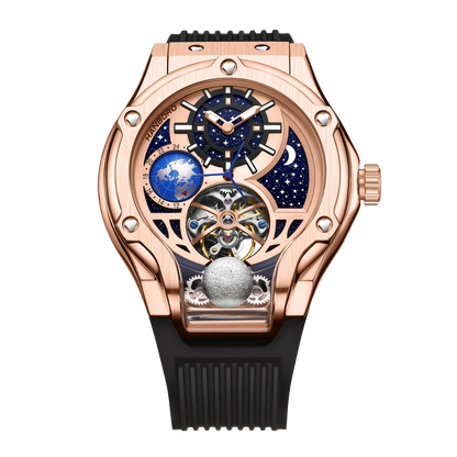 HANBORO Rose Gold Starry Sky Hollow Flywheel Moon Phase Automatic Mechanical Watch Luxury Space Theme Sports Watch 980