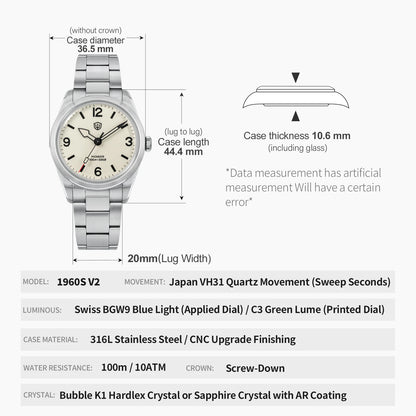 Watchdives WD1960S V2 36.5mm Quartz Watch VH31 Sweep Seconds Vintage Style Sapphire Crystal BGW9 Lume 100M Waterproof Steel