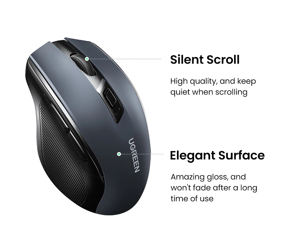 Bezdrátová myš UGREEN Bluetooth 5.0, ergonomická myš 4000 DPI se 6 tichými tlačítky pro MacBook, tablet, notebooky, počítač PC, 2.4G myš