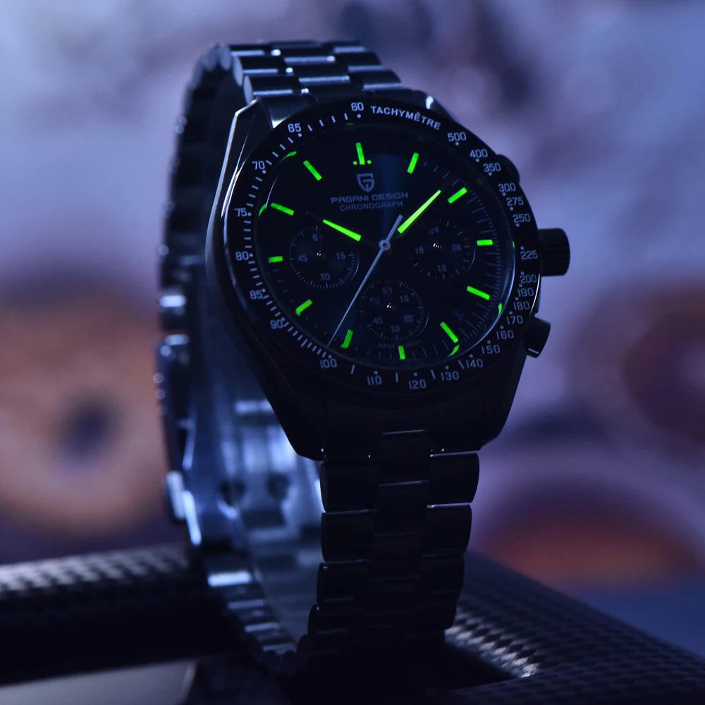 Montre pour homme PAGANI DESIGN « New Moon » – Montre à quartz de luxe, chronographe, verre saphir avec traitement antireflet, lunette en céramique, aiguilles luminescentes
