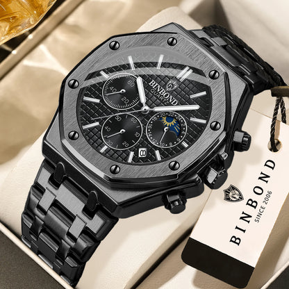 Montre-bracelet à quartz de luxe BINBOND, lumineuse, étanche, chronographe avec date automatique, montre pour homme, montre de sport et d'affaires.