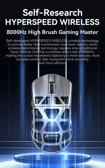Mysz gamingowa ATTACK SHARK R3 ze stopu magnezu, konstrukcja honeycomb, ultralekka, 8K Hz, sensor PAW3395, 26000 DPI, ergonomiczna obudowa