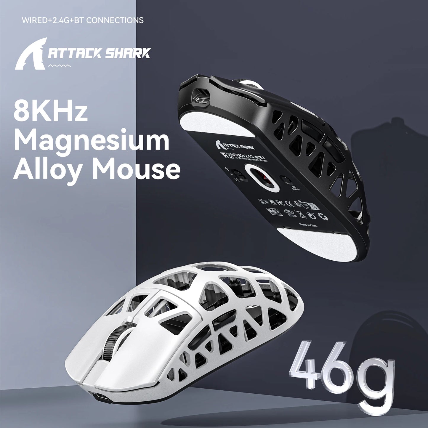 Mysz gamingowa ATTACK SHARK R3 ze stopu magnezu, konstrukcja honeycomb, ultralekka, 8K Hz, sensor PAW3395, 26000 DPI, ergonomiczna obudowa