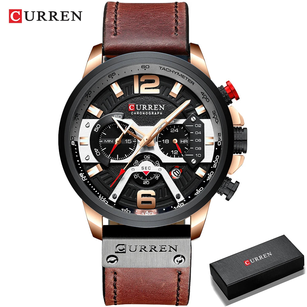 Montre pour homme CURREN 8329 – Style sport décontracté, design militaire, bracelet en cuir, chronographe tendance, montre de luxe de grande marque