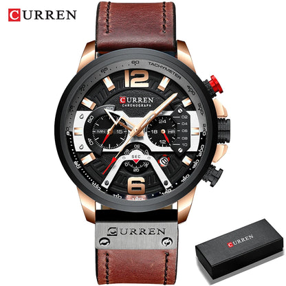 Montre pour homme CURREN 8329 – Style sport décontracté, design militaire, bracelet en cuir, chronographe tendance, montre de luxe de grande marque