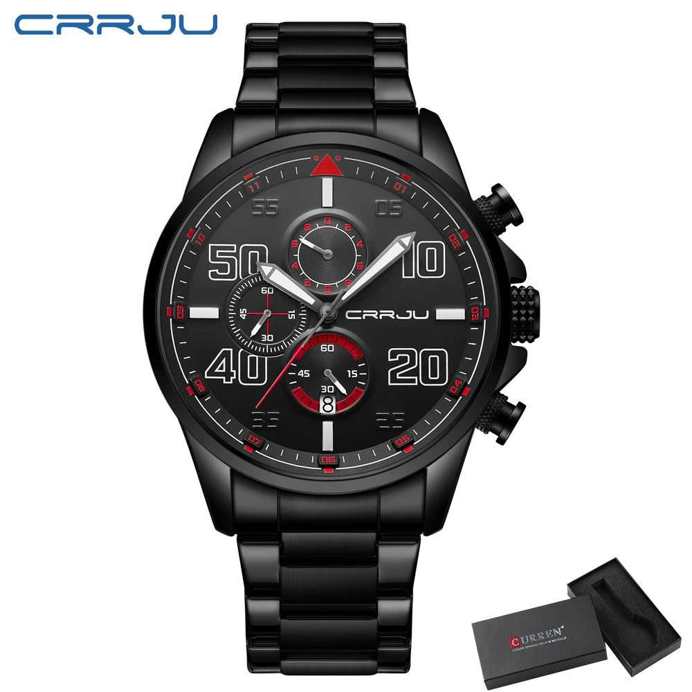 Montre pour homme CRRJU – Chronographe de luxe, grand cadran, acier inoxydable, étanche, avec affichage de la date