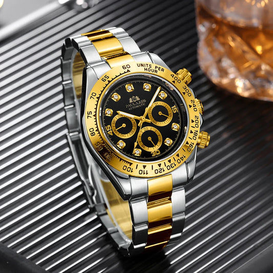 Automatic Mens Watch Mechanical Self Wind Movement Gold Black Stainless Steel Diamonds Stone Sports Luxury Fashion Watches
