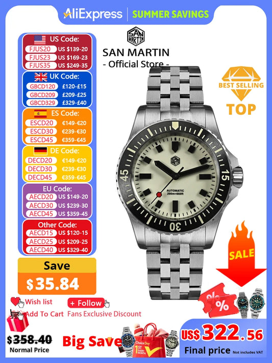 San Martin 1200HV Hardening Coating Men Diver Watch Full Luminous Dial Lumed Blocks ST2130 Automatic Mechanical Toolwatch SN0012