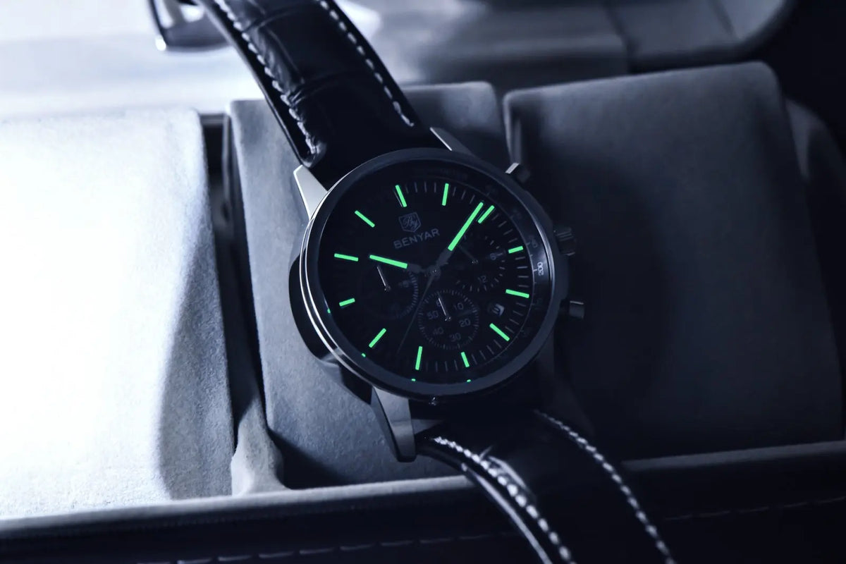 Montre de luxe pour homme Benyar – Chronographe avec date, bracelet en cuir, étanche, luminescente, style sportif et militaire, montre à quartz