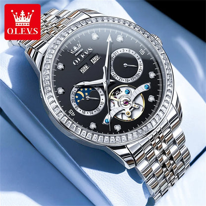 OLEVS 7016 Automatic Man Watch Stainless Steel Diamond Bezel Skeleton Flywheel Moon Phase Luminous Waterproof Mechanical Watches