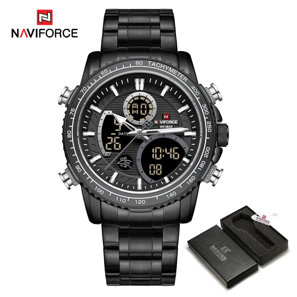 NAVIFORCE Men’s Sports Watch – Original luxury stainless steel wristwatch, water-resistant military-style model with dual display