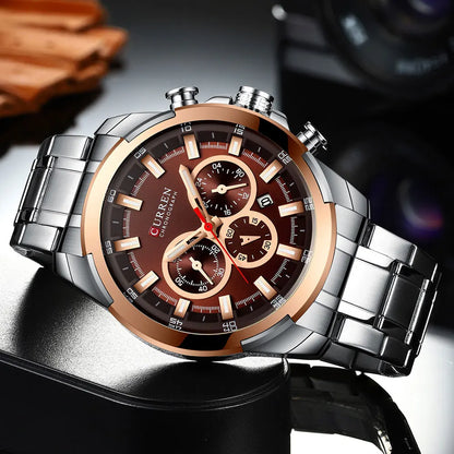 Montre chronographe pour homme CURREN, grand cadran de 48 mm, bracelet en acier inoxydable, trois sous-cadrans, montre-bracelet de sport à quartz, style luxueux