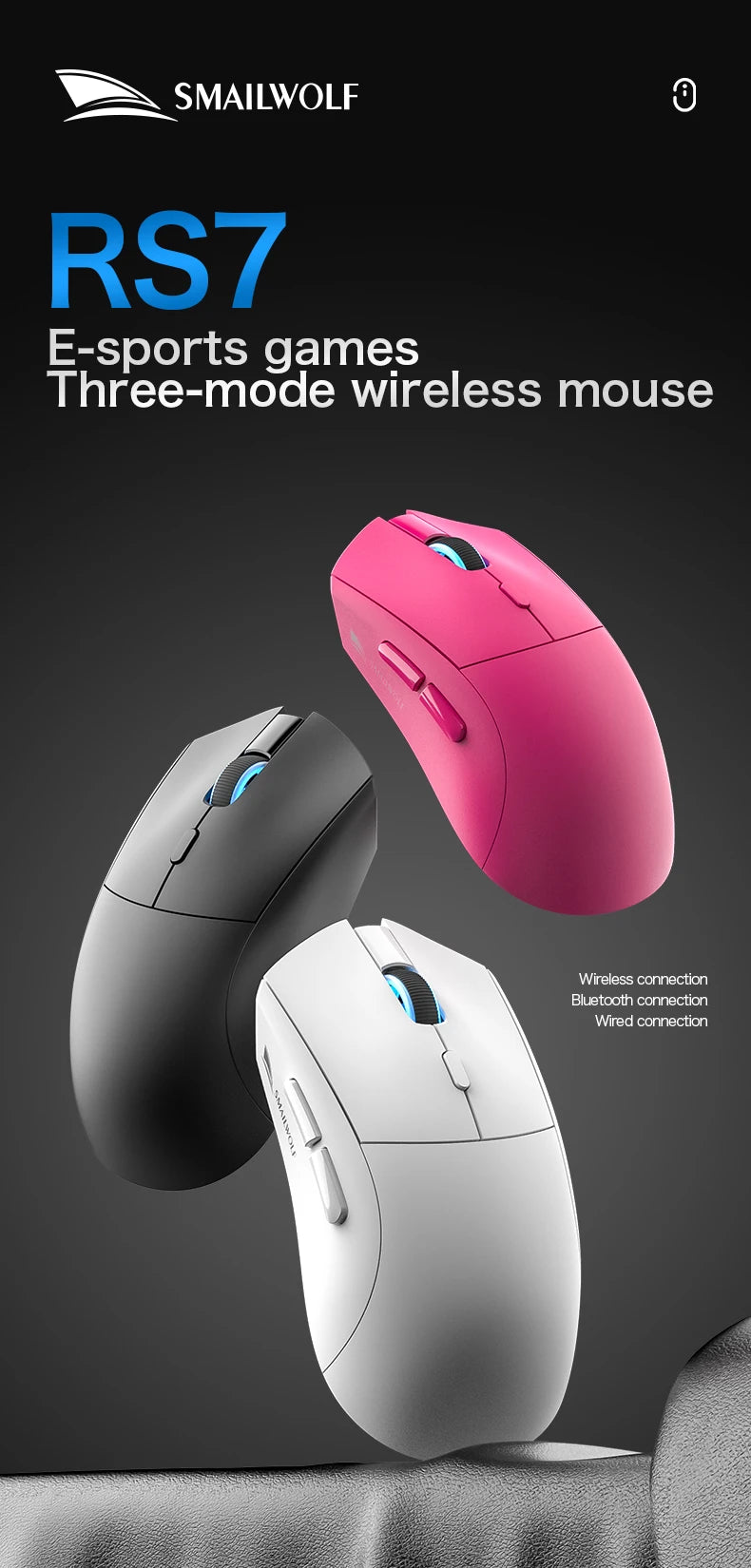Bezdrátová herní myš SMAILWOLF RS7 Bluetooth, tři režimy, PAW3311, makra s vysokou přesností, pro notebook, gaming i kancelář