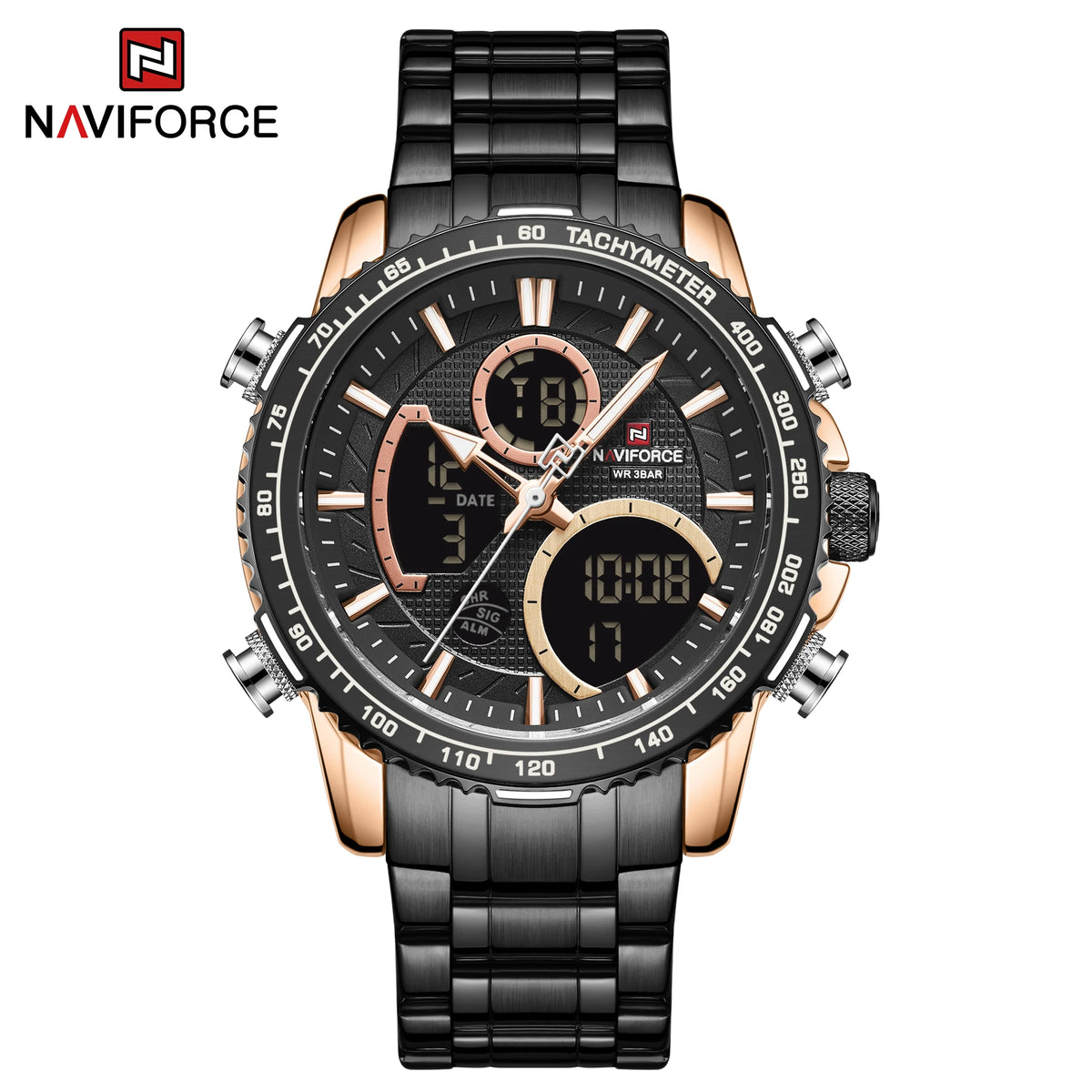 NAVIFORCE Men’s Sports Watch – Original luxury stainless steel wristwatch, water-resistant military-style model with dual display