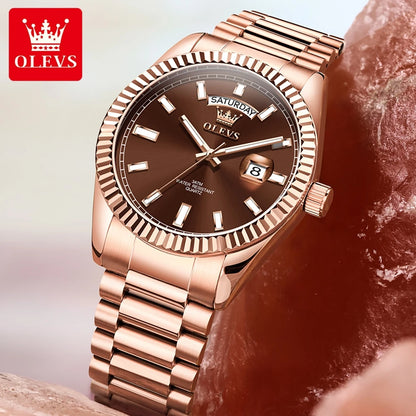 OLEVS Men's Watch Top Brand Luxury Wrist Watch For Men Fashion Rose Gold Stainless Steel Waterproof Watch Day Date Quartz Clock