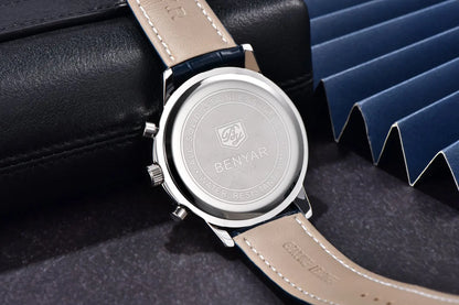 Montre de luxe pour homme Benyar – Chronographe avec date, bracelet en cuir, étanche, luminescente, style sportif et militaire, montre à quartz