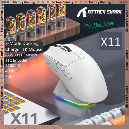 ATTACK SHARK X11 trijų režimų lengva žaidimų pelė su PAW3311, 22000DPI, 400IPS, 40G, 59g, magnetiniu greituoju įkrovimu ir RGB apšvietimu