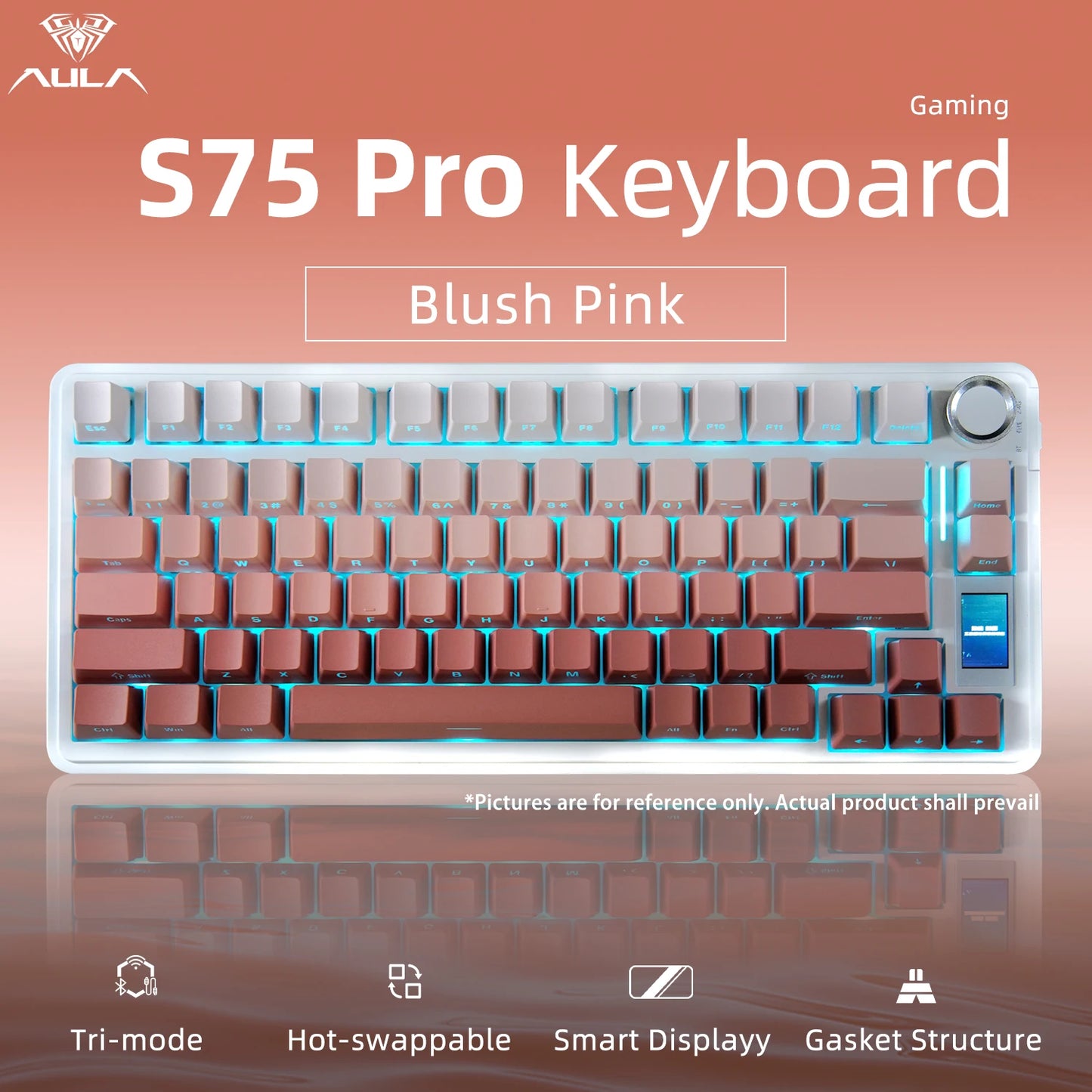 AULA S75 PRO Mechanical Keyboard 75% Custom Layout RGB Backlight Wireless Bluetooth Gaming Keyboard with Screen Knob