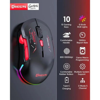 MKESPN W12 10-button Macro Gaming Mouse Both Hand Wireless Bluetooth Multi-channel Tri-mode Large RGB Ergonomic Ambidextrous