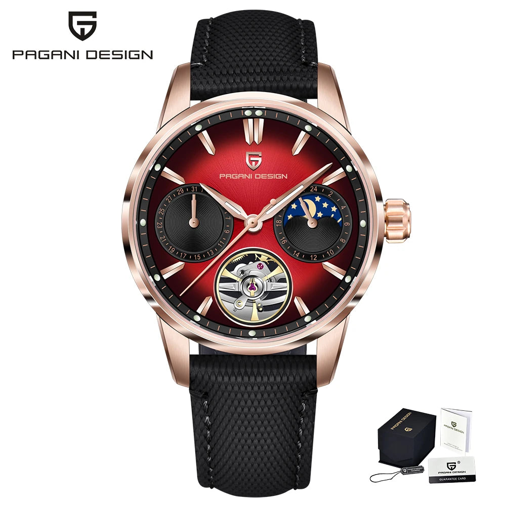 PAGANI DESIGN Newest 41MM Luxury Men's Mechanical Watch Sapphire Glass Leather Waterproof Pilot Tourbillon Moon Reroj Hombre