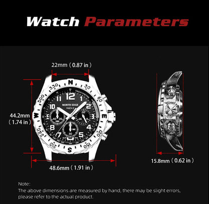 NORTH EDGE  Men's Watches Solar Power 316 stainless steel Case Quartz Watch For Men Pilot Waterproof 50M Stopwatch