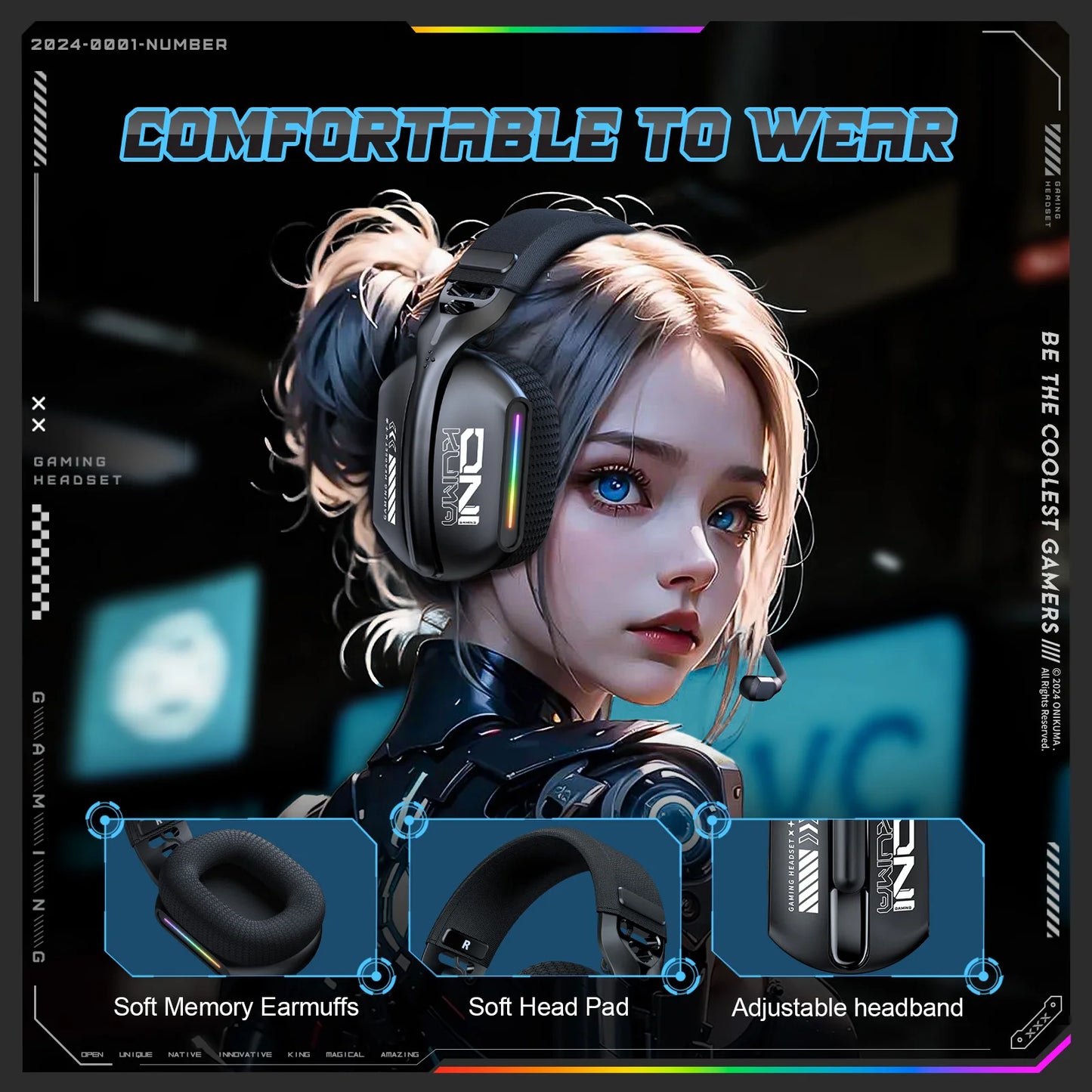 ONIKUMA GT808 Wireless Gaming Headset 2.4G/Bluetooth/Wired 3-Mode Over-Ear Gaming Headphones with Noise Cancelling Mic for PC PS4 PS5