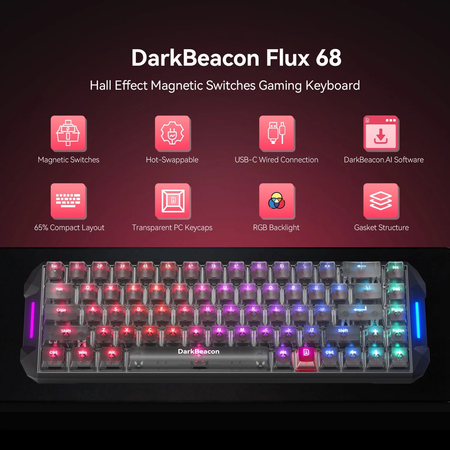 DarkBeacon Flux 68 HE Magnetic Switch Hot Swappable Mechanical Gaming Keyboard, USB-C Wired RGB 65% Layout
