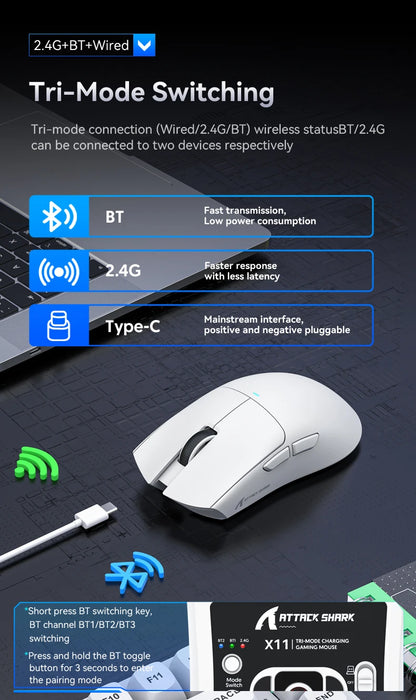 ATTACK SHARK X11 trijų režimų lengva žaidimų pelė su PAW3311, 22000DPI, 400IPS, 40G, 59g, magnetiniu greituoju įkrovimu ir RGB apšvietimu