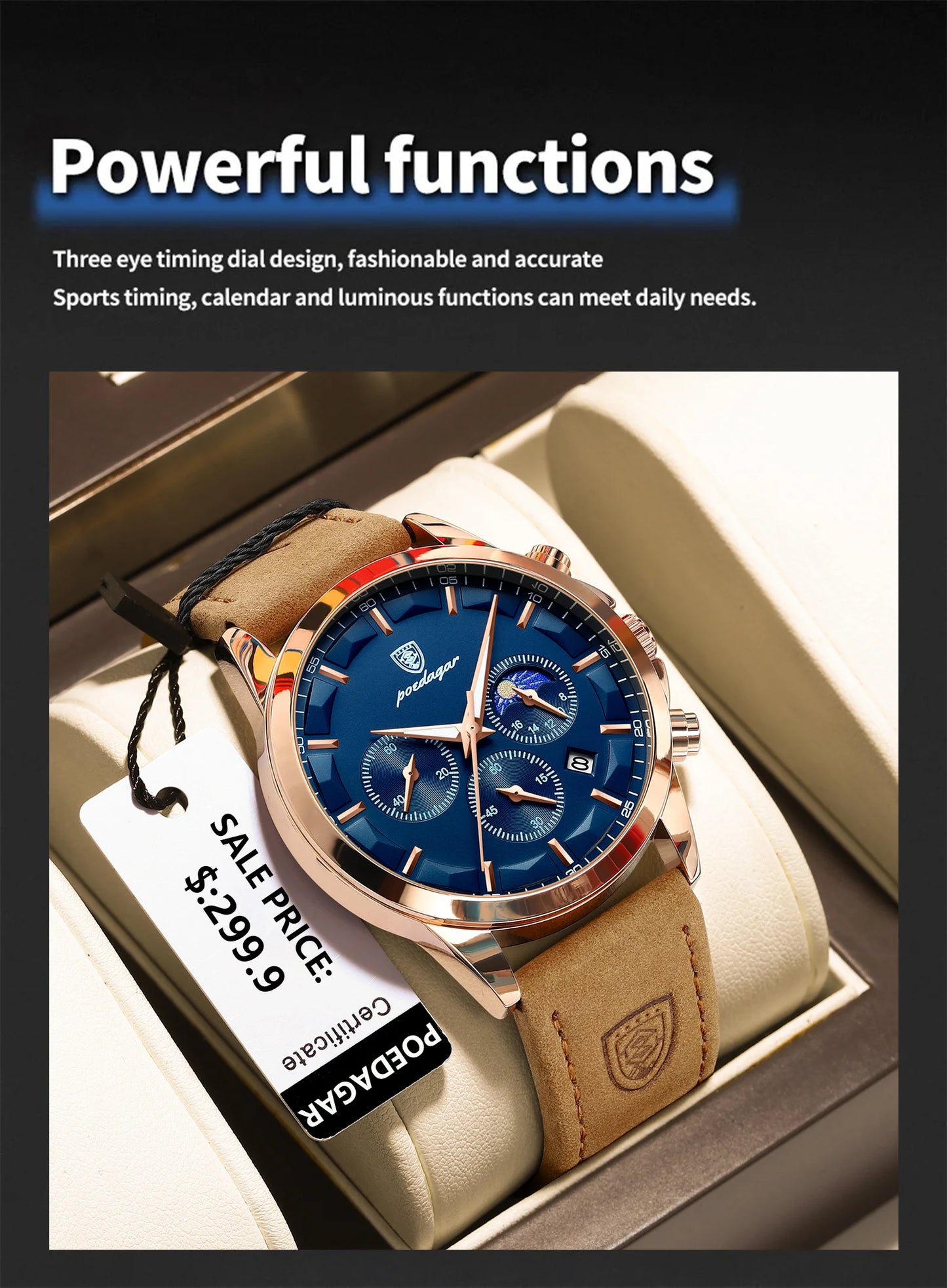 POEDAGAR Sports Luxury Men Quartz Watch Waterproof Chronograph Luminous Date Man Wristwatch Business Leather Men's Watches Clock