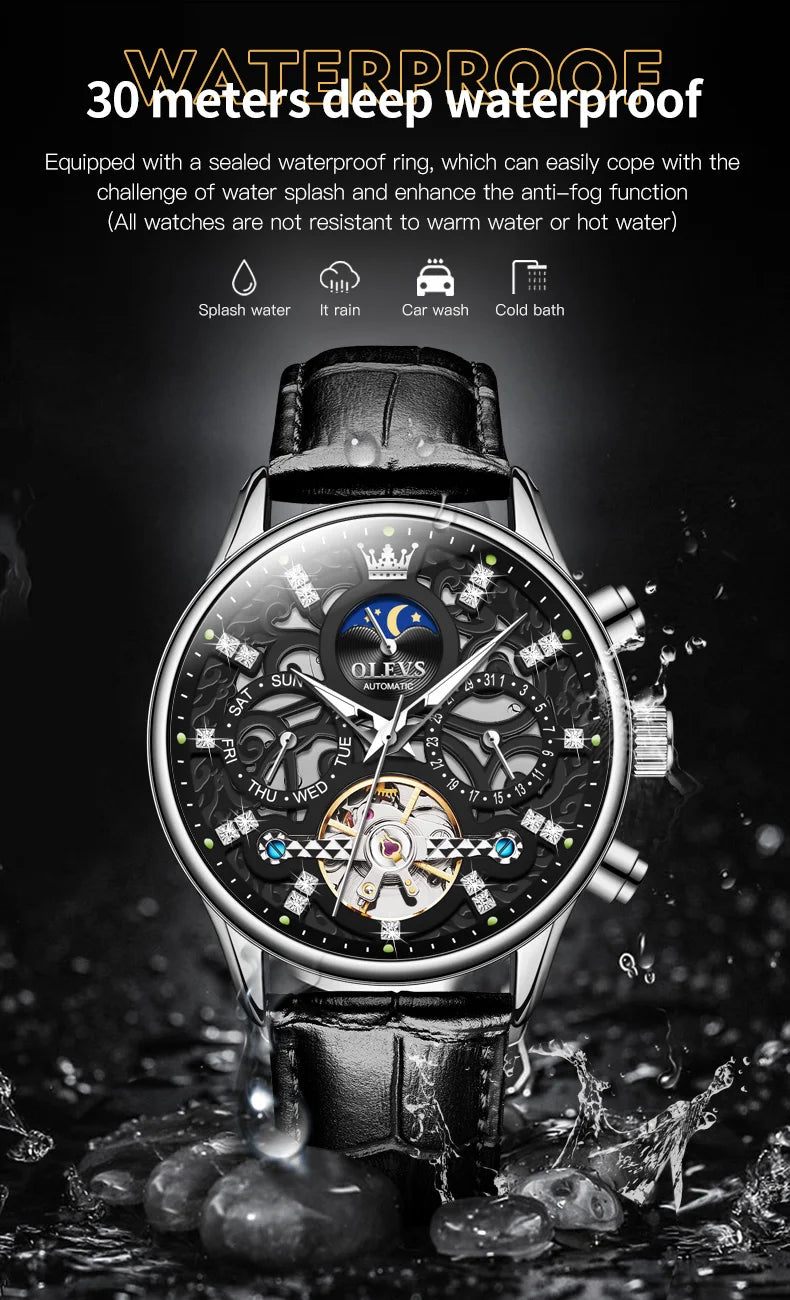 OLEVS 6658 Automatic Mechanical Watch for Man Leather Strap Waterproof Moon Phase Business Dress Men's Watches