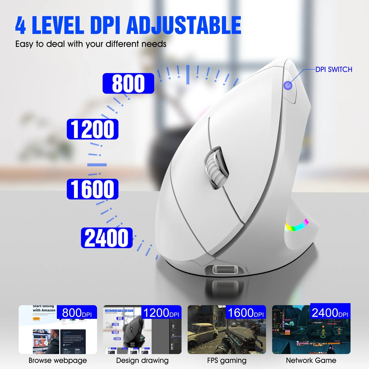 NEW Wireless Vertical Mouse 2.4GHz DPI Adjustable Optical Wrist-care Mice Backlight Gaming Mice For Laptop Tablet Mac iPad