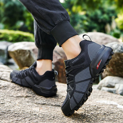 Męskie buty trekkingowe — terenowe buty sportowe outdoor, oddychająca siateczka, antypoślizgowe i odporne na zużycie, do wędrówek i jazdy na rowerze na zewnątrz