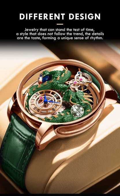 PINDU Design Celestial Body Series Traditionnelle Artisanat Three Dimensional Dragon Men Watch Curved Mirror Transparent Globe