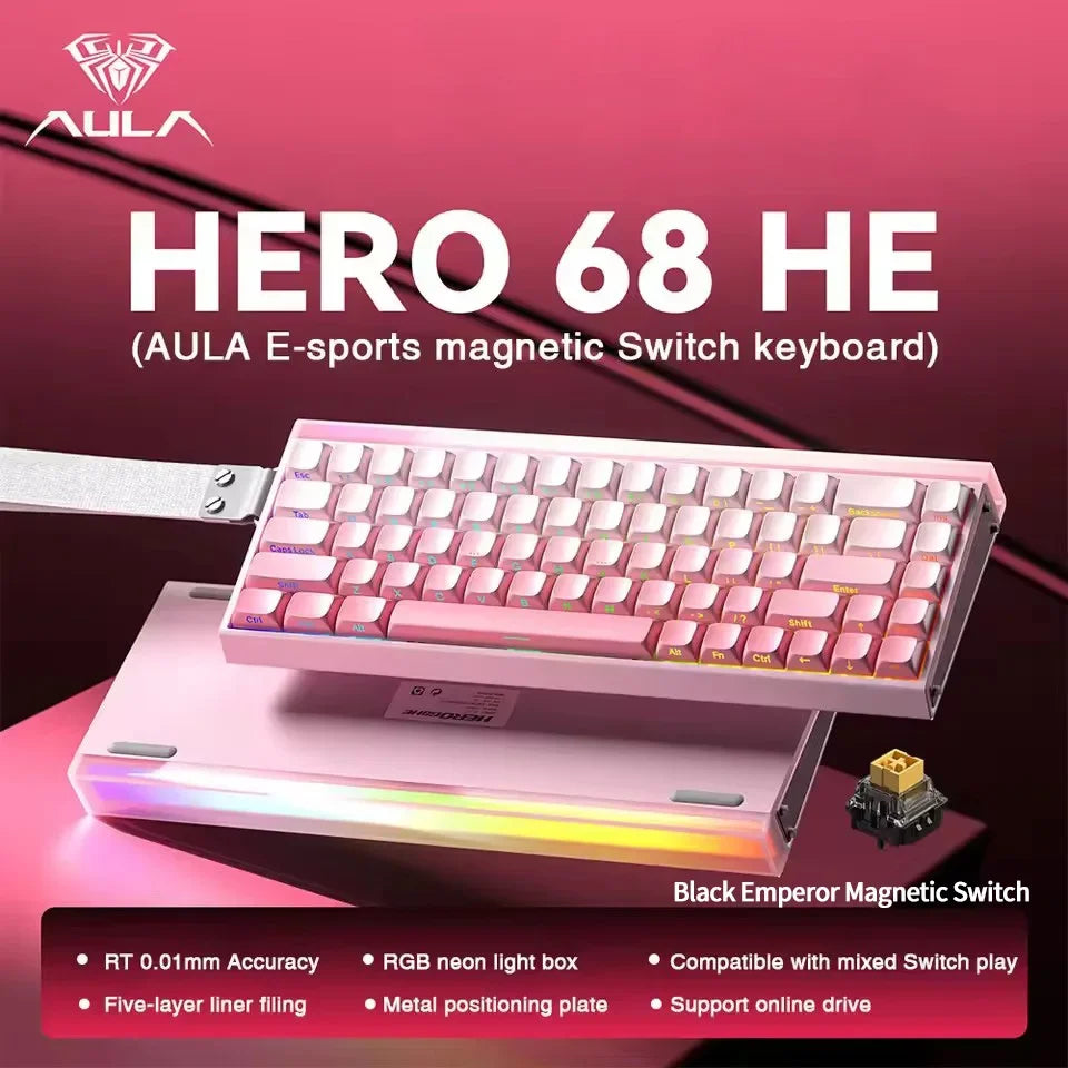 AULA HERO 68 HE E-sports Gaming Wired Keyboard Magnetic Switch RGB Hot Swap 8K Hz Return Rate 60% Customize Mechanical Keyboard